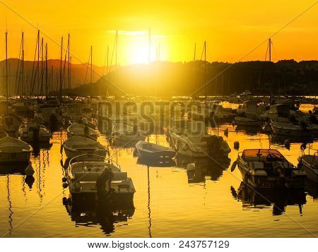 Gulf Of Poets With Docket Boats In Lerici Medieval Town At Sunset Light From Lerici Harbor, La Spezi