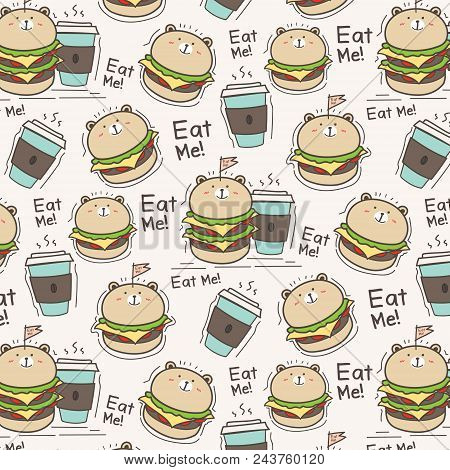 Cute Bear Burger And Coffee Cup Pattern Background. Vector Illustration.