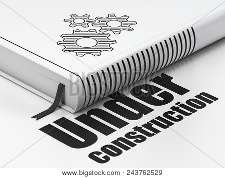 Web Design Concept: Closed Book With Black Gears Icon And Text Under Construction On Floor, White Ba