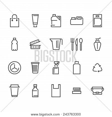Plastic Packaging, Disposable Tableware Line Icons. Product Packs, Container, Bottle, Canister, Plat