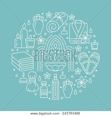 Spa Center Banner Illustration With Flat Line Icons. Essential Oils, Aromatherapy Massage, Turkish S