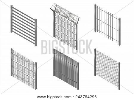 Set Of Metal Fences, Borders And Walls In An Isometric View. Mesh, Barbed Wire. Vector Graphics