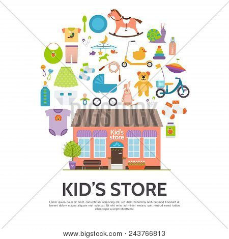 Flat Kids Store Concept With Shop Building Toys Clothing Kick Scooter Bicycle Baby Carriage Yule Pac
