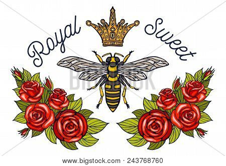 Bee Crown Flowers Embroidery Patch Roses Red. Wasp Honey Bee Bumblebee Floral Leaf Wings Insect Embr