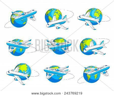 Airlines Air Travel Emblems Or Illustrations With Plane Airliner And Planet Earth. Beautiful Thin Li