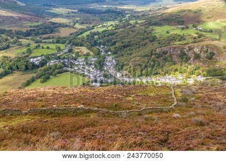 Village Of Beddgelert, Seen From Above, Snowdonia, North Wales, United Kingdom