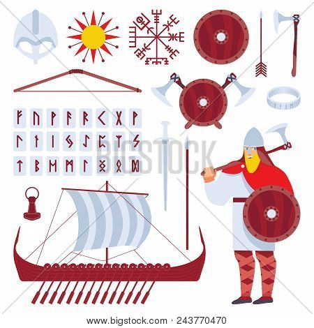 Set With Viking Character And Medieval History Longship, Sward, Helmet, Runes, Accessories, Cultural