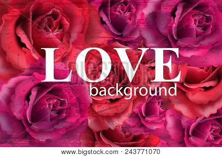 Beautiful Red Roses Background Vector. Elegant Vintage Card. Love Text. Creative Aflowers Bouquet To