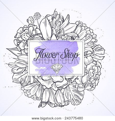 Bouquet Of Marygold And Bluebells Flowers With A Flower Shop Card, Decorated With A Watercolor Stain