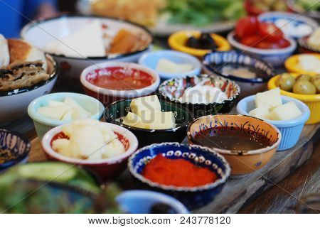 Traditional Turkish Breakfast Plates With Various Small Dishes, Breakfast Closeup