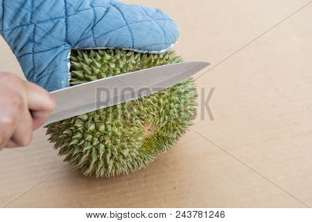 The Durian And Kinfe. Tropical Seasonal Fruit, King Of Fruit From Thailand.