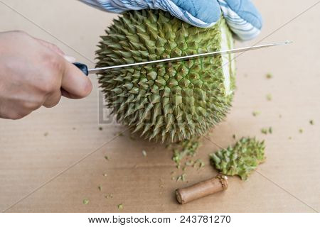 The Durian And Kinfe. Tropical Seasonal Fruit, King Of Fruit From Thailand.