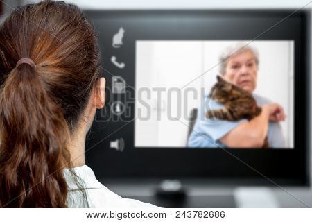 Telemedicine With The Veterinarian, Vet Looking At The Desk, Elderly Woman And A Cat On Live Chat Wi