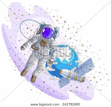 Astronaut Flying In Open Space Connected To Space Station And Earth Planet In Background, Spaceman I