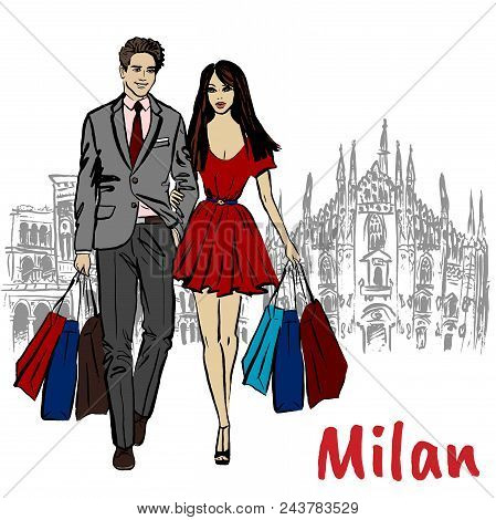 Hand-drawn Sketch Of Woman And Man In Milan At Piazza Del Duomo In Italy.