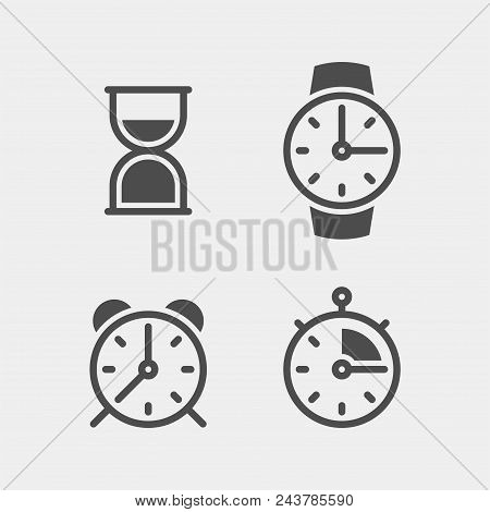 Clock Flat Vector Icons Set. Stopwatch, Alarm, Hourglass, Wrist Watch Flat Vector Icons Set
