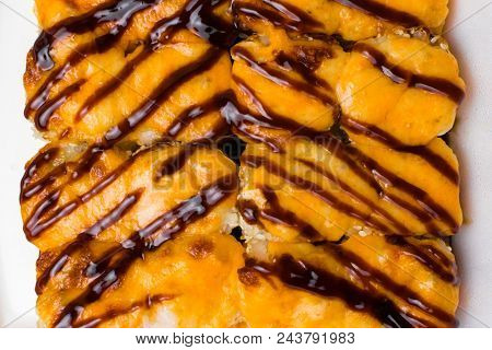 Raw Hot Sushibackground With Salmon Shrimp, Cheese And Soy Souce. Japan Food