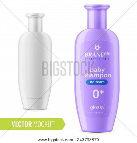 Glossy Plastic Bottle For Baby Shampoo, Shower Gel, Lotion, Body Milk, Bath Foam. Photo-realistic Pa