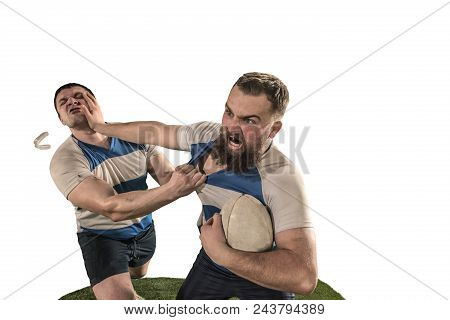 The Silhouette Of Two Caucasian Rugby Man Players Isolated On White Background. Studio Shot Of Fit M
