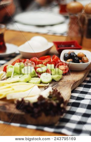 Traditional Turkish Breakfast Plates With Various Small Dishes, Breakfast Closeup