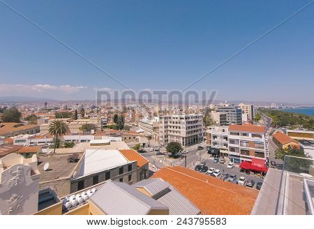 Limassol, Cyprus - May 4, 2018: Aerial View Of A Sandy City Beach In Limassol, Cyprus.