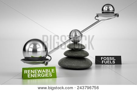 Seesaw Containing Big And Small Spheres Inclined On The Renewable Energies Side. Concept Of Energy T