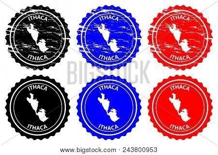 Ithaca - Rubber Stamp - Vector, Ithaca Map Pattern - Sticker - Black, Blue And Red