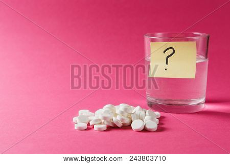 Medication Pile White Round Tablets Arranged Abstract On Pink Rose Color Background. Aspirin, Glass 