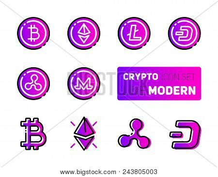 Outline Icons Set Of Cryptocurrency Theme. Vector Collection, Modern Pictogram With Rounded Stroks. 