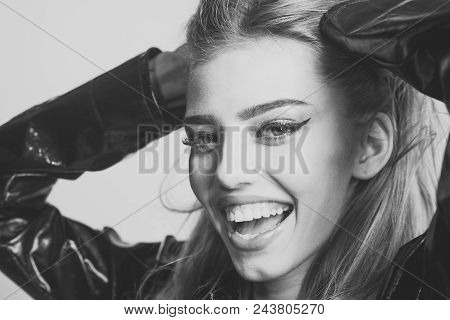 Beauty Salon. Hair Care. Lady Sexy In Slicker Or Raincoat Posing, Close Up. Girl With Long Hair Wear