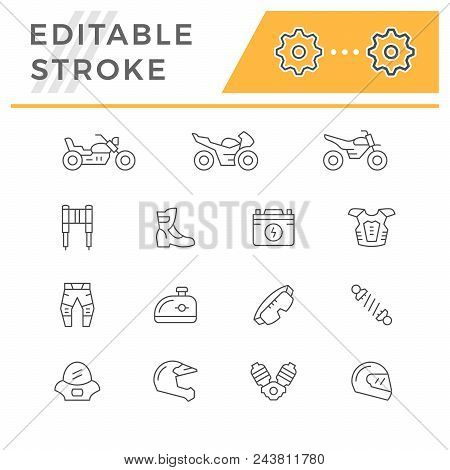 Set Of Motorcycle Related Line Icons Isolated On White. Editable Stroke. Vector Illustration