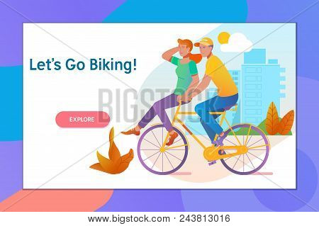 Happy Funny Young Couple Riding On Bicycle. Love, Relationship, Romance Concept.