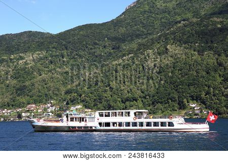 Morcote, Switzerland - May 23, 2016: Lake Lugano On May 23, 2016 Viewed From Morcote, Switzerland. I