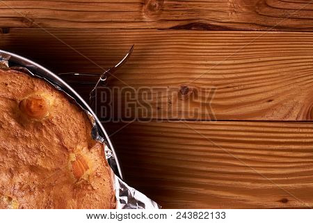 Apricot Pie Baked In Foil With Ingredients Cinnamon, Abricot, Eggs, Flour, Milk And Sugar. Food Phot