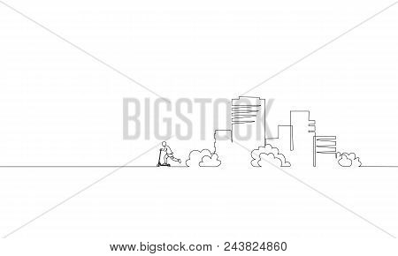 Single Continuous One Line Art City Building Riding Scooter. Architecture Construction House Urban A