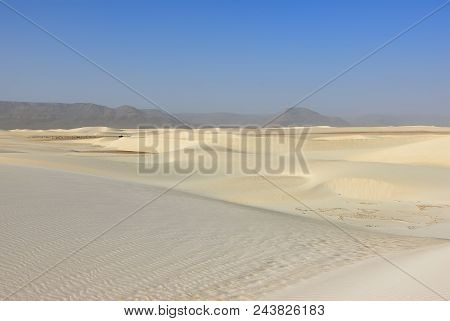 Big White Sand Dunes At Aomak Beach At Sunset, Socotra Island, Yemen. The Protected Area Of Aomak Be