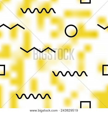 Beautiful Meadowlark Pixel Background With Memphis Design Elements. Trendy 2018 Shades Of Yellow Col