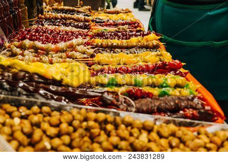 Multicolored Churchhel Are A Heap In The Market, An Oriental Dessert Of Grapes And Nuts
