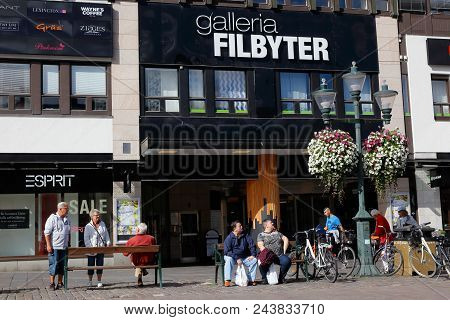 Linkoping, Sweden - August 21, 2017: People Outside The Entrance To The Shopping Mall Galleria Filby