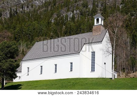 Funasdalen, Sweden - May 29, 2017: Exterial View Of The White Wooden Funasdalen Church Building.