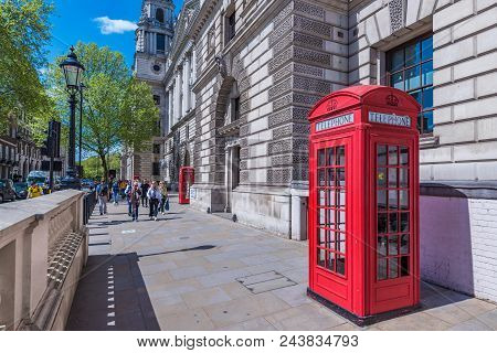 London, United Kingdom - May 04: Typical Old British Telephone Box In On A Street In The Downtown Ar