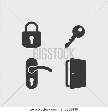 Padlock Flat Vector Icons Set. Doors Flat Vector Icons Set. Keys Flat Vector Icons Set. Lock, Key, D