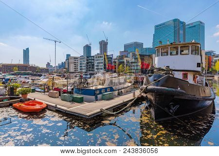 London, United Kingdom - April 20: This Is A View Of Boats And City Buildings In Blackwall Basin On 