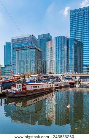 London, United Kingdom - April 20: View Of Blackwall Basin Docks And Canary Wharf Financial District