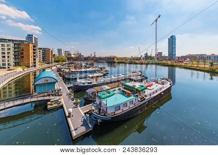 London, United Kingdom - April 20: View Of Blackwall Basin, A Harbor Area Near The Canary Wharf Fina