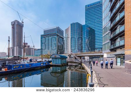 London, United Kingdom - April 20: This Is A View Of Canary Wharf Financial District Skyscrapers Fro