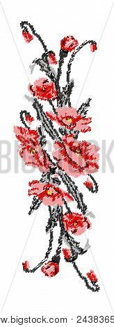 Color  Bouquet Of Flowers (poppies) Pink And Grey Tones. Ukrainian Embroidery Elements. Scribble.  C