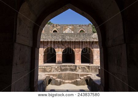 Ancient Fort Ruined City At Mandu, Madhya Pradesh, India. Arched Architecture In The Palace Jahaz Ma