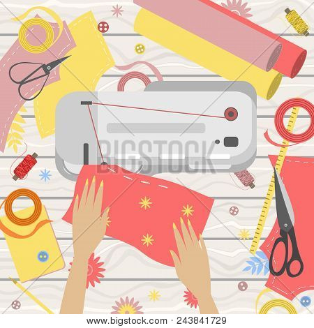 Workplace Of Seamstress, View From Above, Desktop, Textile, Sewing Machine, Scissors And Arms