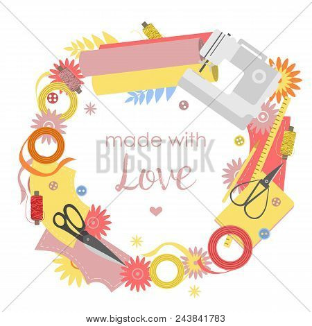 Round Frame With Textile, Sewing Machine, Scissors, Threads And Flowers